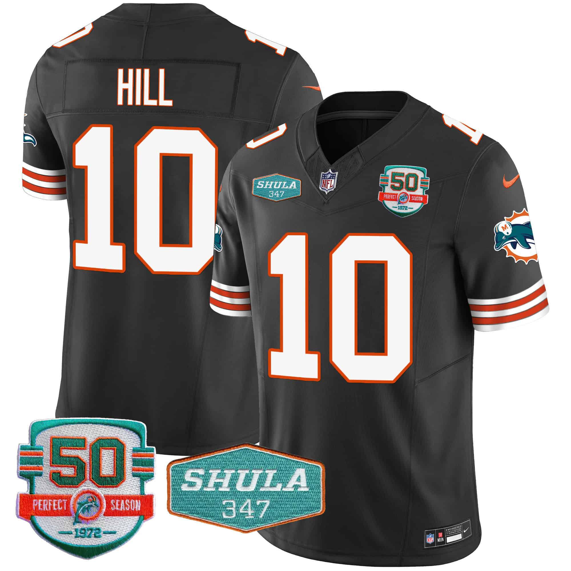 Men Miami Dolphins 10 Hill Black 2024 Nike Throwback Shula 347 Patch Vapor NFL Jersey style 1